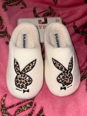 PLAYBOY Cream Plush Bunny Slippers with Leopard Accent